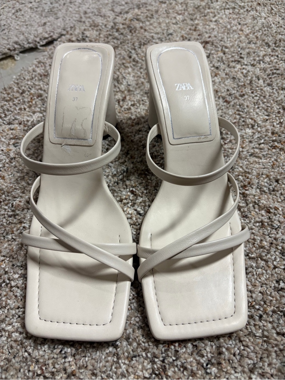 ZARA Beige Strappy Square-Toe Block Heel Sandals